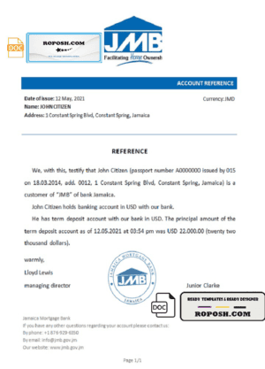Jamaica Mortgage bank account reference letter template in Word and PDF format