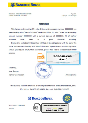 Brazil Banco do Brasil bank account reference letter template in Word and PDF format