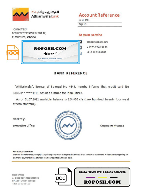 Senegal Attijariwafa bank reference letter template in Word and PDF format
