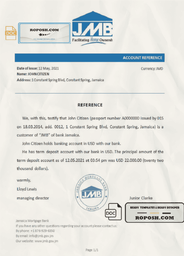 Jamaica Mortgage bank account reference letter template in Word and PDF format