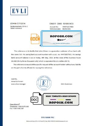 Finland Evli bank reference letter template in Word and PDF format