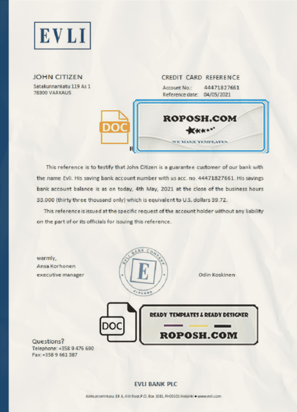 Finland Evli bank reference letter template in Word and PDF format