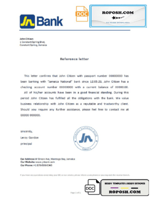 Jamaica National bank account reference letter template in Word and PDF format
