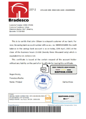 Brazil Bradesco bank reference letter template in Word and PDF format