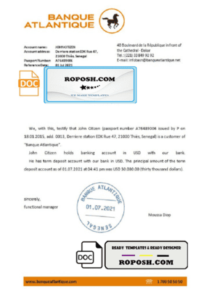 Senegal Banque Atlantique bank reference letter template in Word and PDF format