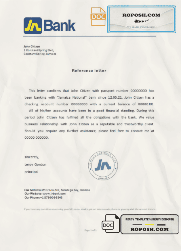 Jamaica National bank account reference letter template in Word and PDF format