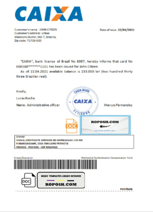 Brazil Caixa bank account reference letter template in Word and PDF format