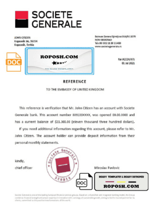 Serbia Societe Generale bank reference letter template in Word and PDF format