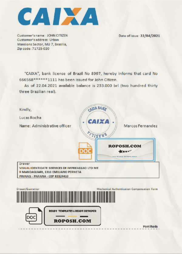 Brazil Caixa bank account reference letter template in Word and PDF format