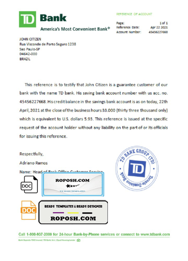 Brazil TD bank account reference letter template in Word and PDF format