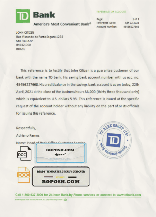 Brazil TD bank account reference letter template in Word and PDF format