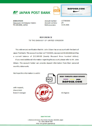 Japan Post bank account reference letter template in Word and PDF format