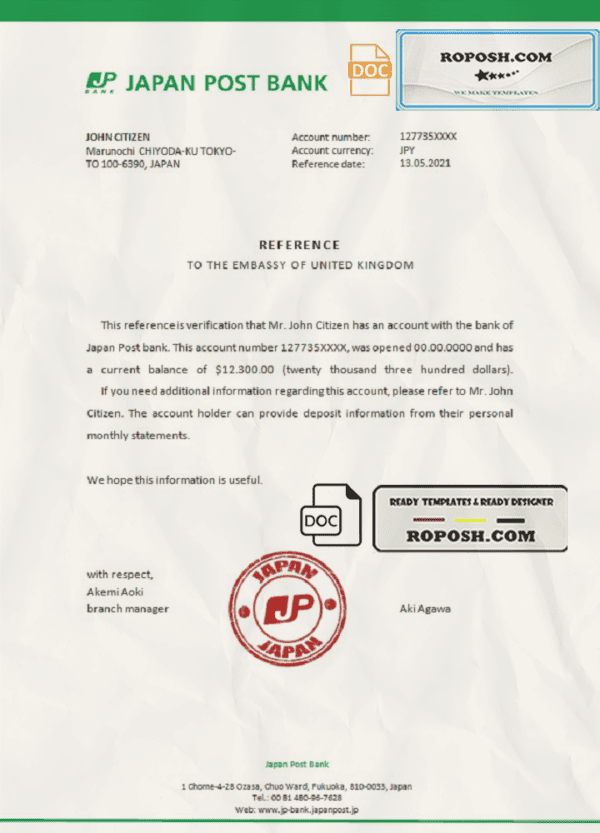 Japan Post bank account reference letter template in Word and PDF format