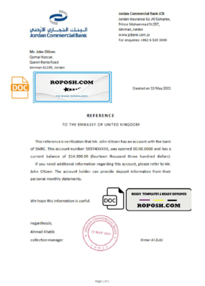 Jordan Commercial bank account reference letter template in Word and PDF format