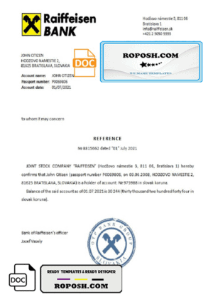 Slovakia Raiffeisen bank reference letter template in Word and PDF format
