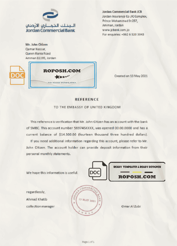 Jordan Commercial bank account reference letter template in Word and PDF format