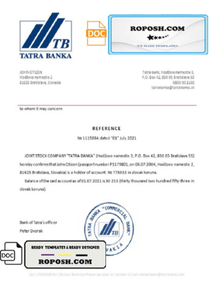Slovakia Tatra Banka bank reference letter template in Word and PDF format