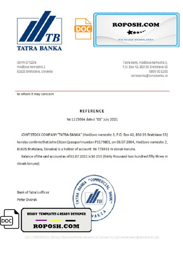 Slovakia Tatra Banka bank reference letter template in Word and PDF format