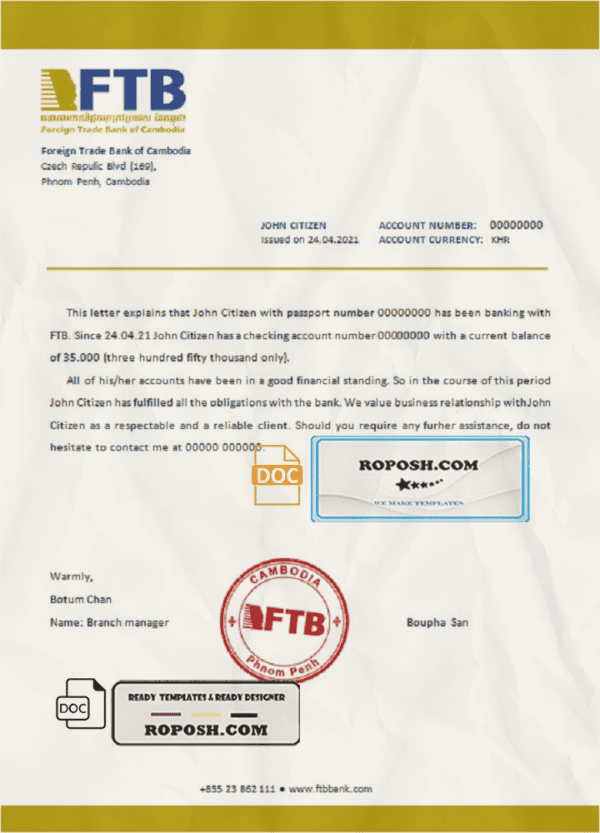 Cambodia Foreign Trade Bank of Cambodia bank account reference letter template in Word and PDF format