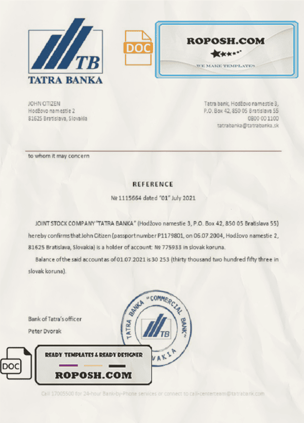 Slovakia Tatra Banka bank reference letter template in Word and PDF format