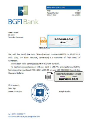 Cameroon BGFI Bank account reference letter template in Word and PDF format
