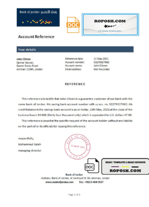 Jordan Bank of Jordan bank account reference letter template in Word and PDF format