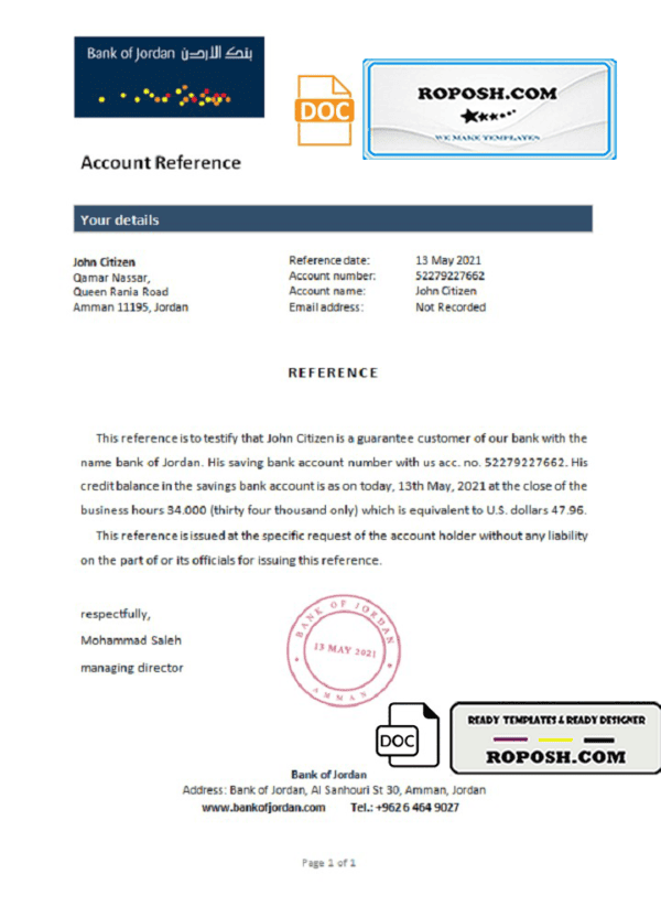 Jordan Bank of Jordan bank account reference letter template in Word and PDF format