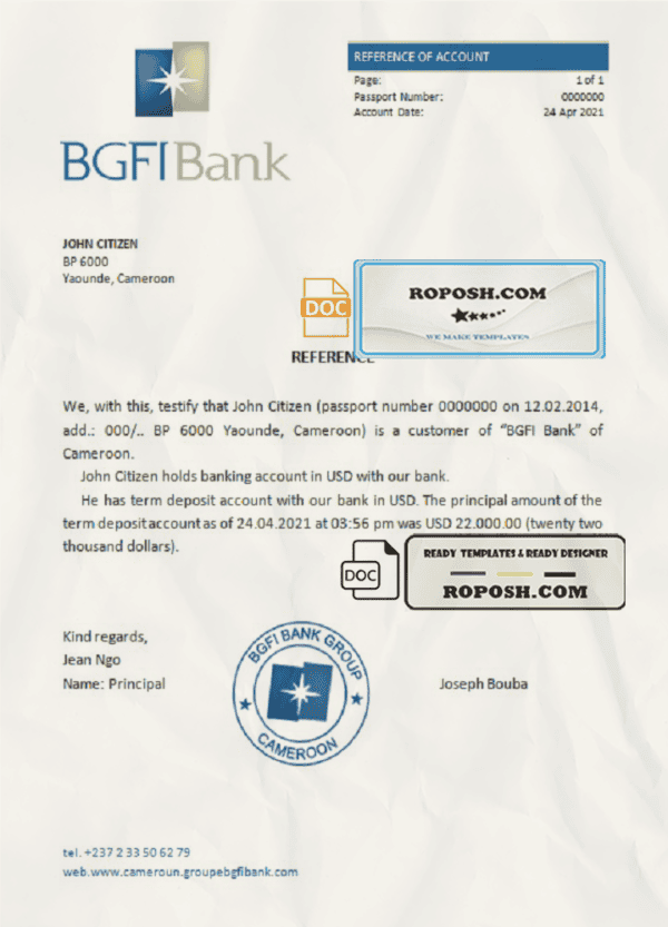Cameroon BGFI Bank account reference letter template in Word and PDF format