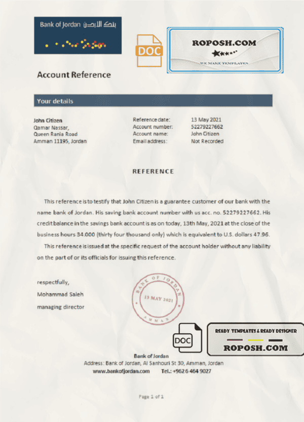 Jordan Bank of Jordan bank account reference letter template in Word and PDF format