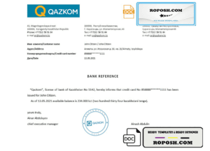 Kazakhstan Qazkom bank account reference letter template in Word and PDF format