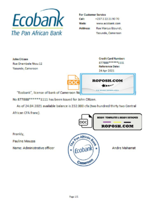 Cameroon Ecobank account reference letter template in Word and PDF format