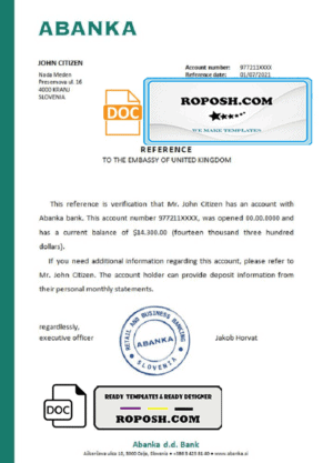 Slovenia Abanka bank reference letter template in Word and PDF format