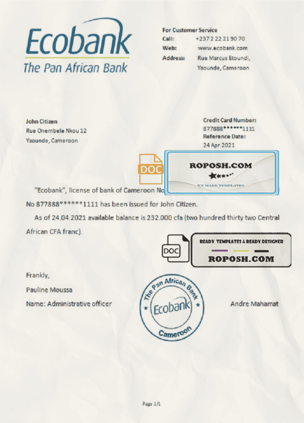 Cameroon Ecobank account reference letter template in Word and PDF format
