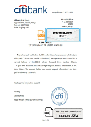 Kenya Citibank account reference letter template in Word and PDF format