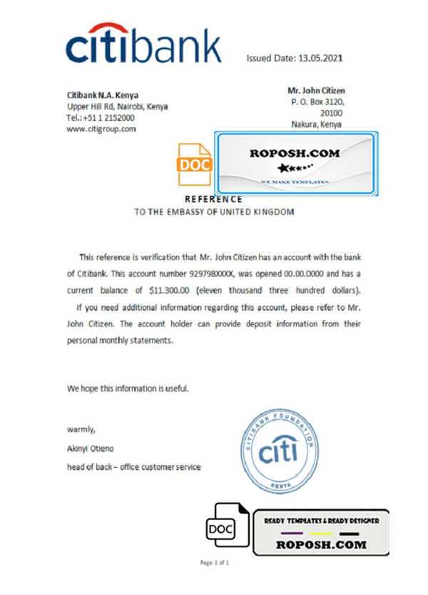 Kenya Citibank account reference letter template in Word and PDF format