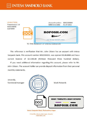 Slovenia Intesa Sanpaolo bank reference letter template in Word and PDF format