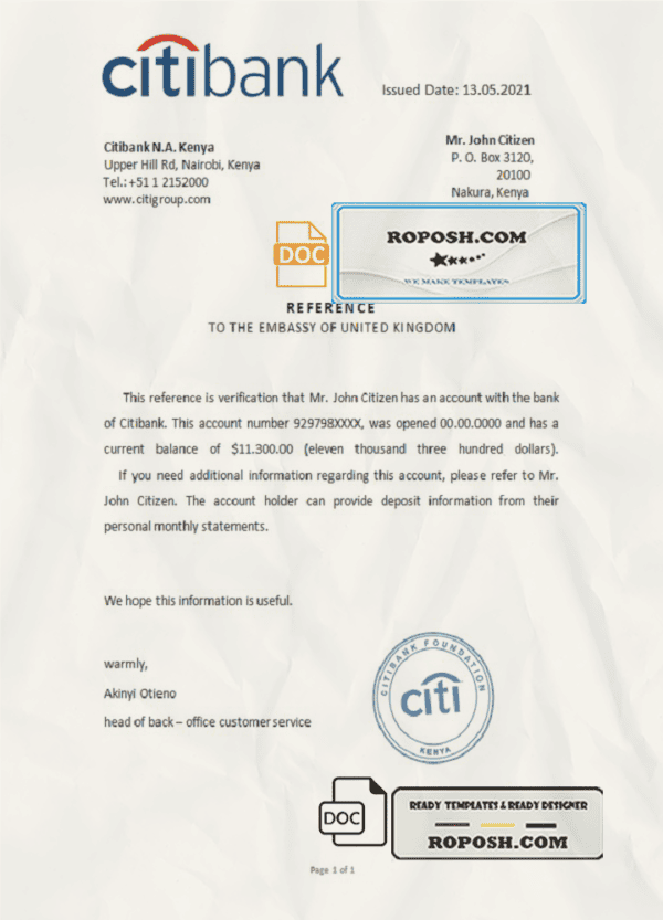 Kenya Citibank account reference letter template in Word and PDF format