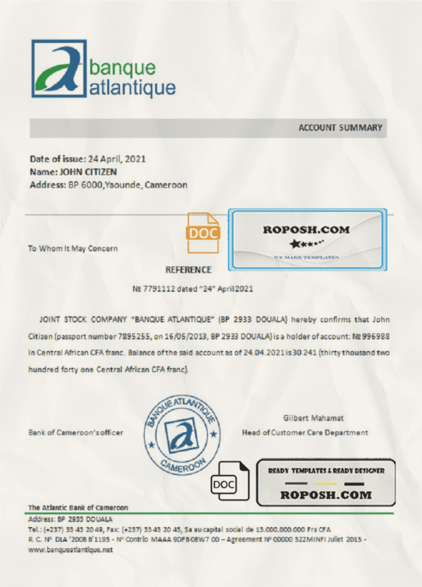 Cameroon The Atlantic bank account reference letter template in Word and PDF format