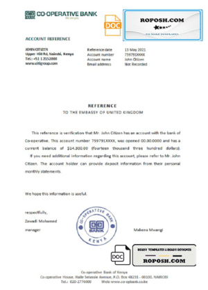 Kenya Co-operative bank account reference letter template in Word and PDF format