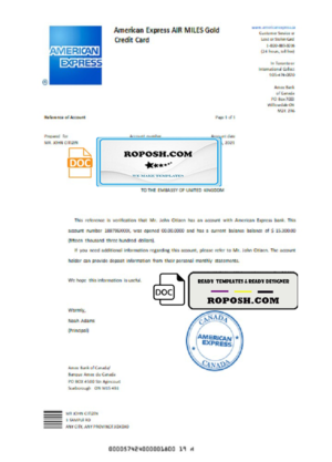 Canada American Express Air Miles bank account reference letter template in Word and PDF format