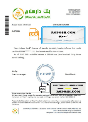 Somalia Dara Salaam Bank bank reference letter template in Word and PDF format