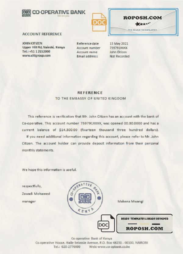 Kenya Co-operative bank account reference letter template in Word and PDF format