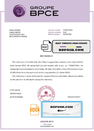 France Groupe BPCE bank account reference letter template in Word and PDF format