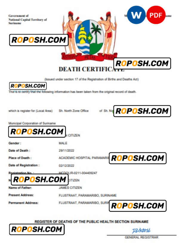 Suriname death certificate Word and PDF template, completely editable