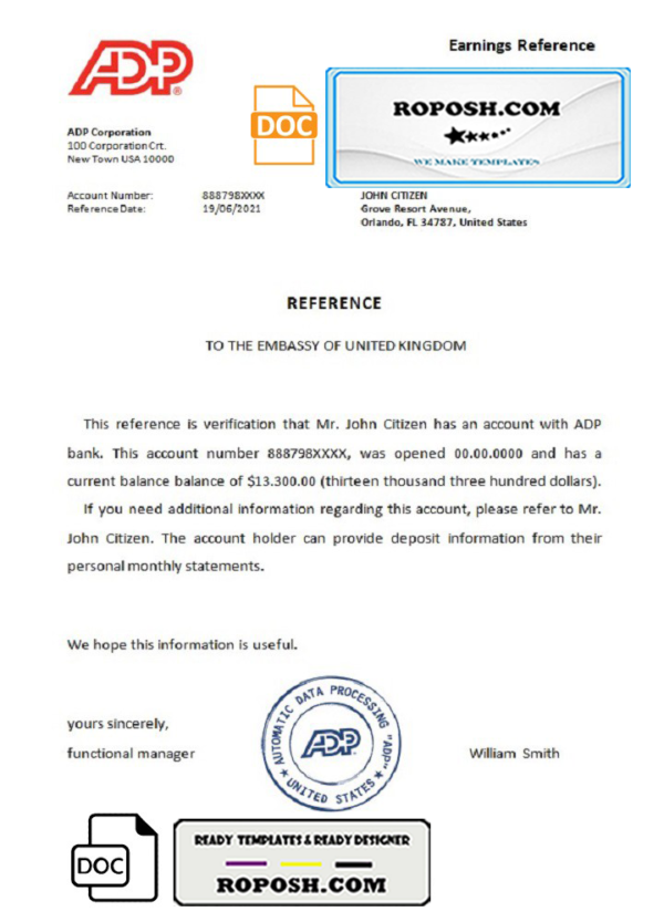 USA ADP bank account reference letter template in Word and PDF format