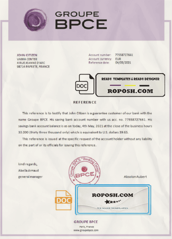 France Groupe BPCE bank account reference letter template in Word and PDF format
