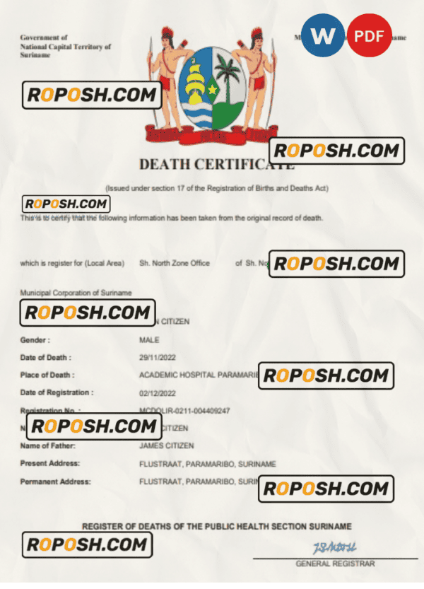 Suriname death certificate Word and PDF template, completely editable