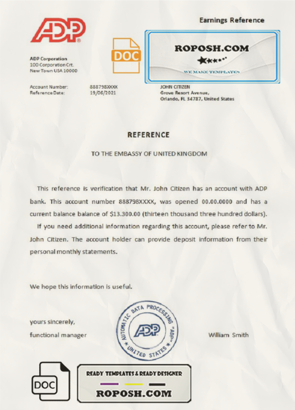 USA ADP bank account reference letter template in Word and PDF format scan effect