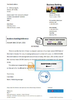 Canada BMO Bank of Montreal Bank account reference letter template in Word and PDF format