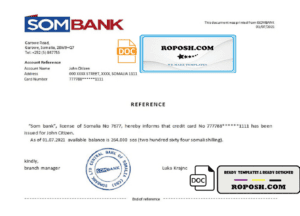 Somalia Sombank bank reference letter template in Word and PDF format